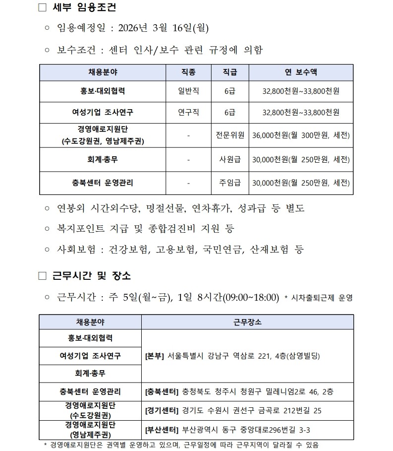 세부 임용조건, 근무시간 및 장소