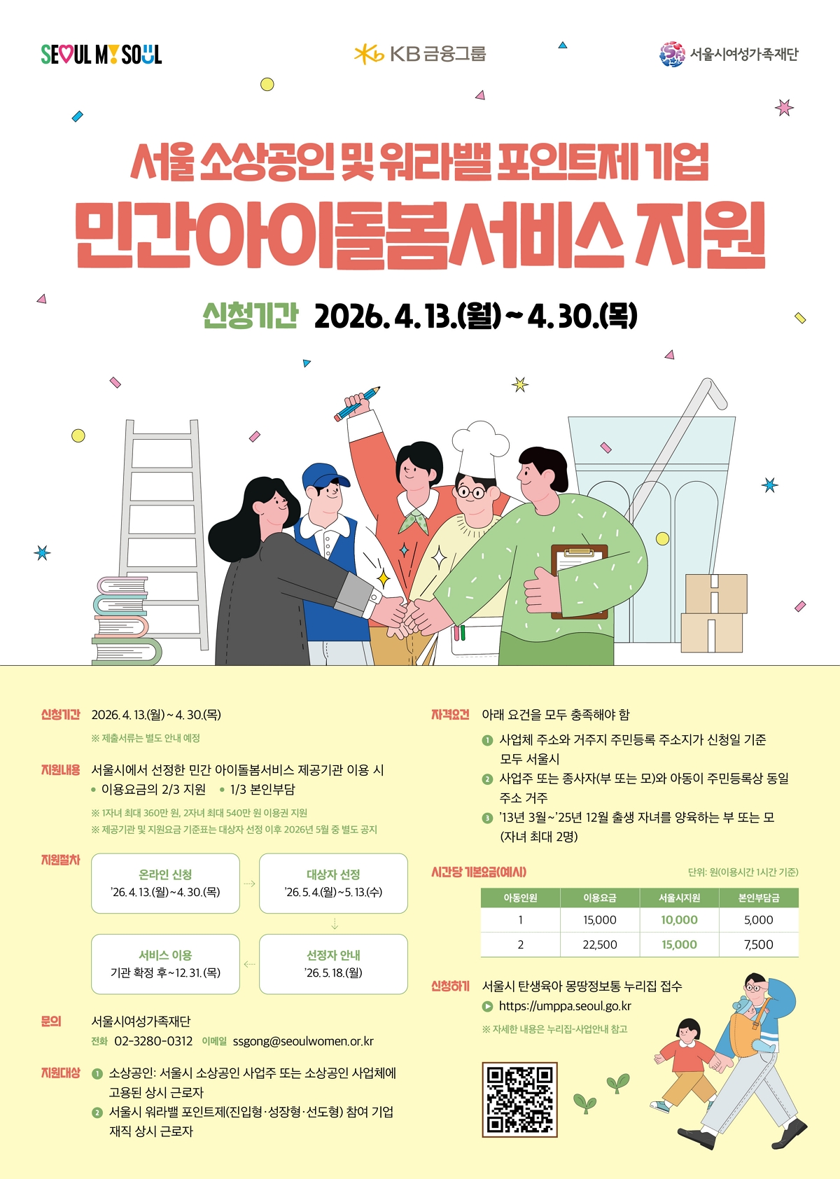 서울 소상공인 및 워라밸 포인트제 기업 민간아이돌봄서비스 지원 | 신청기간: 2026. 4. 13. (월) ~ 4. 30. (목) ※ 제출서류는 별도 안내 예정 | 지원내용 서울시에서 선정한 민간 아이돌봄서비스 제공기관 이용 시 이용요금의 2/3 지원, 1/3 본인부담 ※ 1자녀 최대 360만 원, 2자녀 최대 540만 원 지원 예정 ※ 지원금액 및 지원조건 등 기준은 기관(제공기관) 대상 선정 이후 2026년 4월 별도 공지 | 지원절차 온라인 신청: '26.4.13.(월) ~ 4.30.(목) -> 대상자 선정: '26.5.4.(월) ~ 5.13.(수) -> 서비스 이용: 기관 확정 후 ~ 12.31.(목) -> 선정자 안내: '26.5.18.(월) | 문의 서울시여성가족재단 전화: 02-3280-3014 / 이메일: ssong@seoulwomen.or.kr | 대상 ① 소상공인: 서울시 소상공인 사업자 또는 소상공인 사업체에 고용된 상시 근로자 ② 서울시 워라밸 포인트제(선도형·성장형) 참여 기업 재직 상시 근로자 | 자격요건 아래 요건을 모두 충족해야 함 ① 사업체 주소와 거주지 주민등록 주소지가 신청일 기준 모두 서울시 ② 사업주 또는 종사자(부 또는 모)와 아동이 주민등록상 동일 주소지 거주 ③ '13년 3월 ~ '25년 12월 출생 자녀를 양육하는 부 또는 모 (자녀 최대 2명) | 시간당 기본요금(예시) 단위: 원(이용시간 1시간 기준) 이용기관	이용요금	서울시 지원	본인부담 A	15,000	10,000	5,000 B	22,500	15,000	7,500 | 신청방법 서울시 탄생육아 맘당정복통 누리집 접수 https://umpapa.seoul.go.kr (umpapa.seoul.go.kr in Bing)  ※ 자세한 내용은 누리집-사업안내 참고