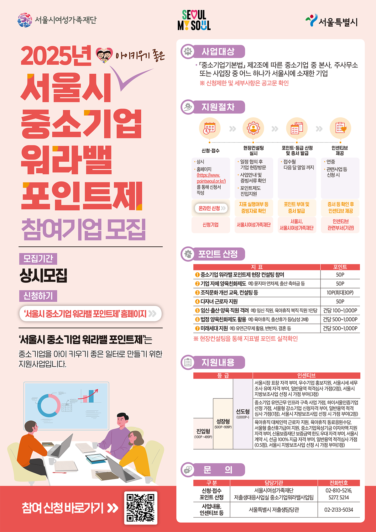 서울시 중소기업 워라밸 포인트제 참여기업 모집 | 모집기간 상시모집, 신청하기 '서울시 중소기업 워라밸 포인트제' 홈페이지 | '서울시 중소기업 워라밸 포인트제'는 중소기업을 아이 키우기 좋은 일터로 만들기 위한 지원사업입니다. 