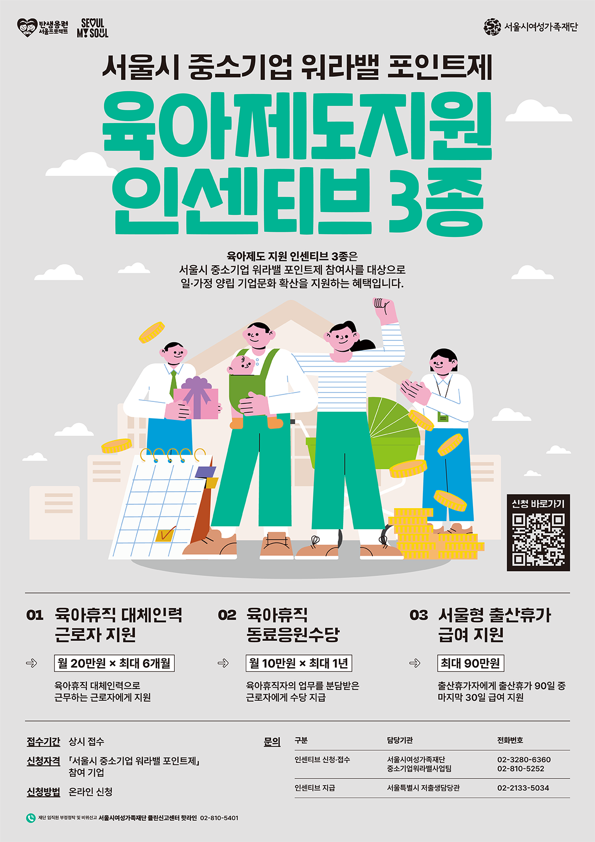 서울시 중소기업 워라밸 포인트제 육아제도지원 인센티브 3종 - 육아제도 지원 인센티브 3종은 서울시 중소기업 워라밸 포인트제 참여사를 대상으로 일·가정 양립 기업문화 확산을 지원하는 혜택입니다. 01. 육아휴직 대체인력 근로자 지원 - 월 20만원 × 최대 6개월, 육아휴직 대체인력으로 근무하는 근로자에게 지원 02. 육아휴직 동료응원수당 - 월 10만원 × 최대 1년, 육아휴직자의 업무를 분담받은 근로자에게 수당 지급 03 서울형 출산휴가 급여 지원 - 최대 90만원, 출산휴가자에게 출산휴가 90일 중 마지막 30일 급여 지원 | 접수기간: 상시 접수 신청자격: 서울시 중소기업 워라밸 포인트제 참여 기업 신청방법: 온라인 신청 | 문의: 인센티브 신청·접수 서울시여성가족재단 02-3280-6360, 02-810-5252 / 인센티브 지급 서울특별시 저출생대응담당관 02-2133-5034